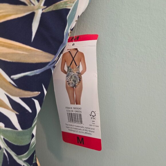 HURLEY SIZE MEDIUM ONE-PIECE SWIMSUIT GREEN LEAF WITH BLUE/WHITE/TAN NEW - Picture 4 of 10